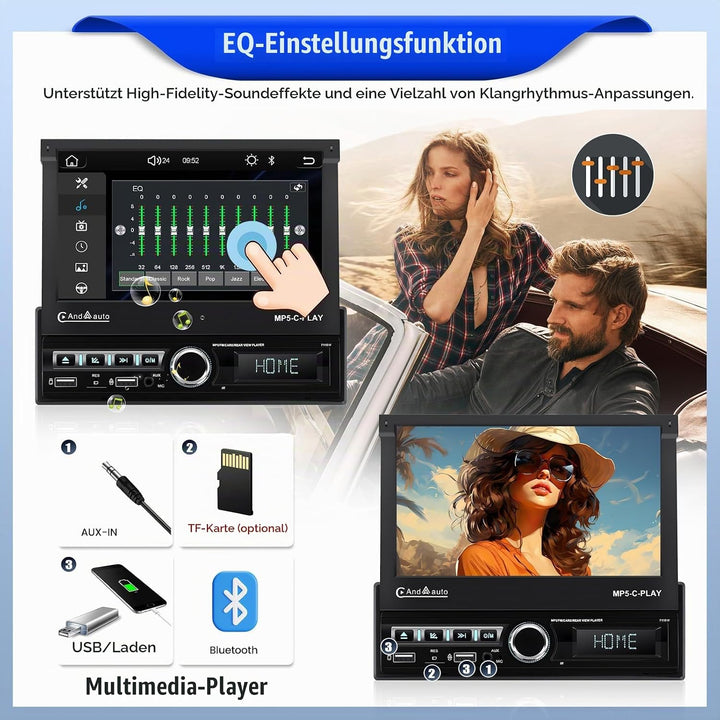CAMECHO Autoradio 1 Din Navi mit Wireless Carplay &amp; Android Auto, 7 Zoll Motorisch Ausfahrbarem Bild