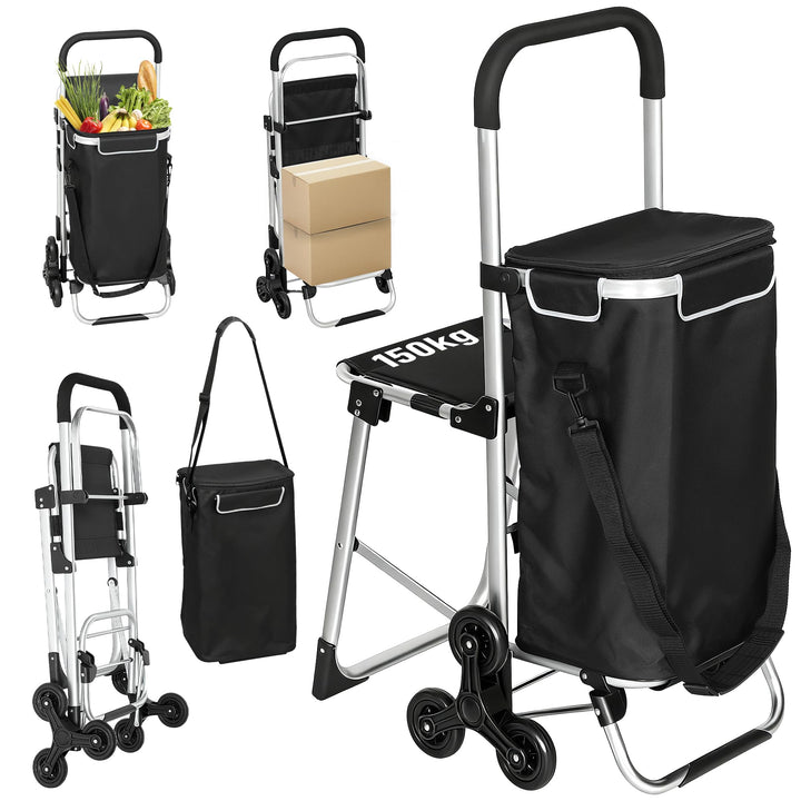 HOMCOM 3-in-1 Einkaufstrolley klappbar mit 40L Kapazität, klappbar Sitz, Trolley bis 25kg belastbar