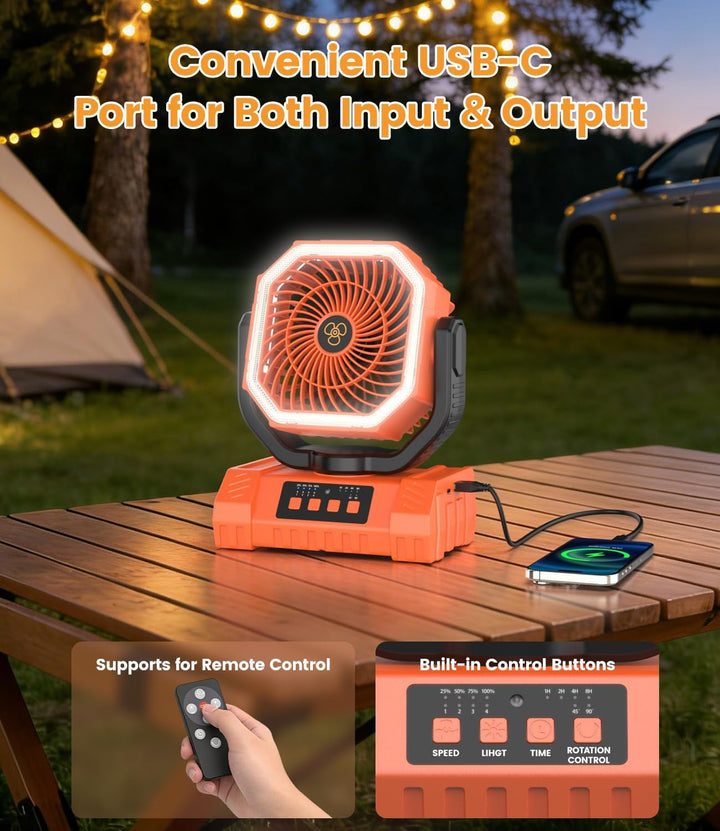 Camping Ventilator, 20000mAh Tragbarer Ventilator Akku mit LED Licht & Fernbedienung, Haken, USB Ven