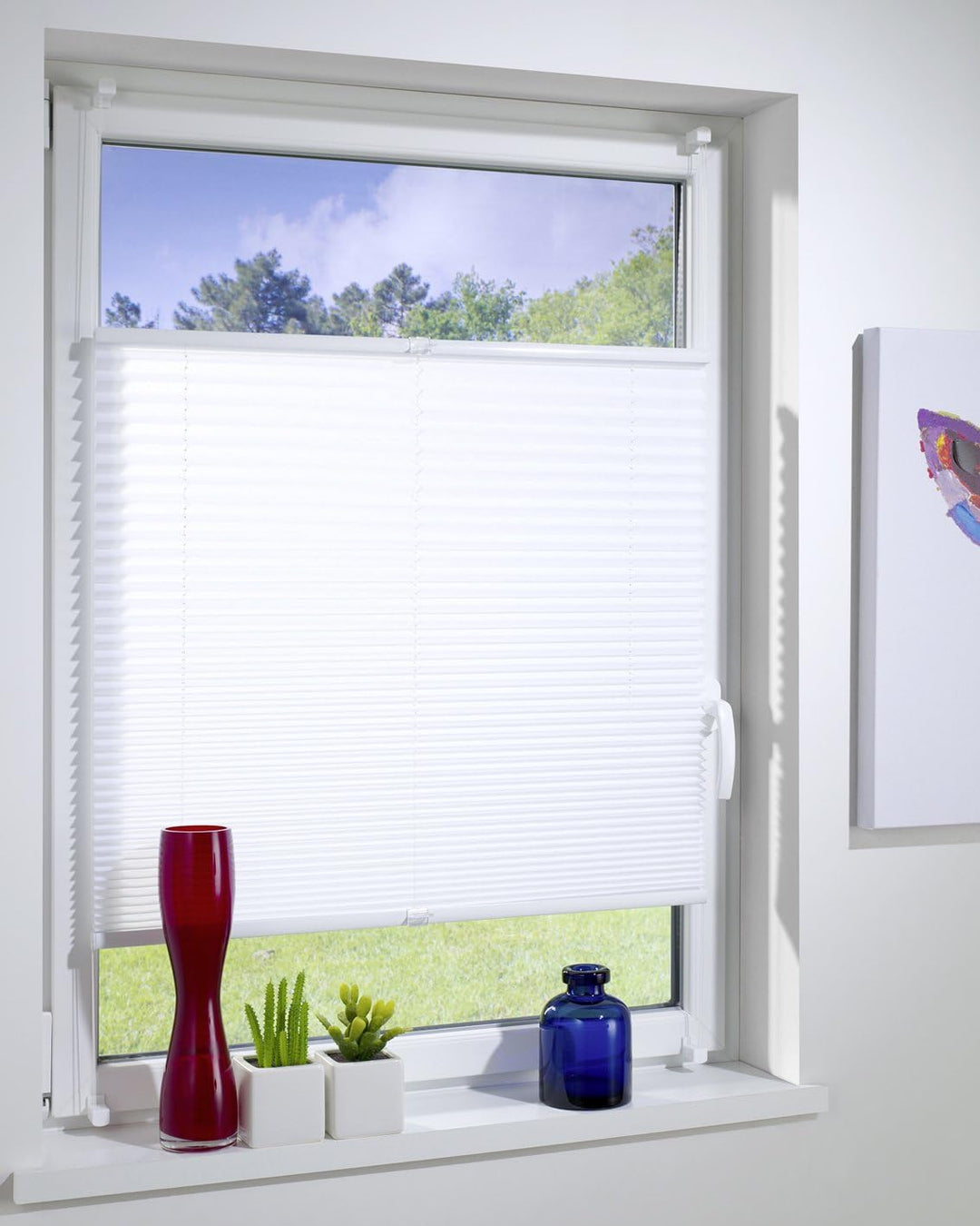 DécoProfi Plissee ohne Bohren Weiss 120cm x 130cm (max. Gesamthöhe Fensterflügel) I Verspannte Pliss