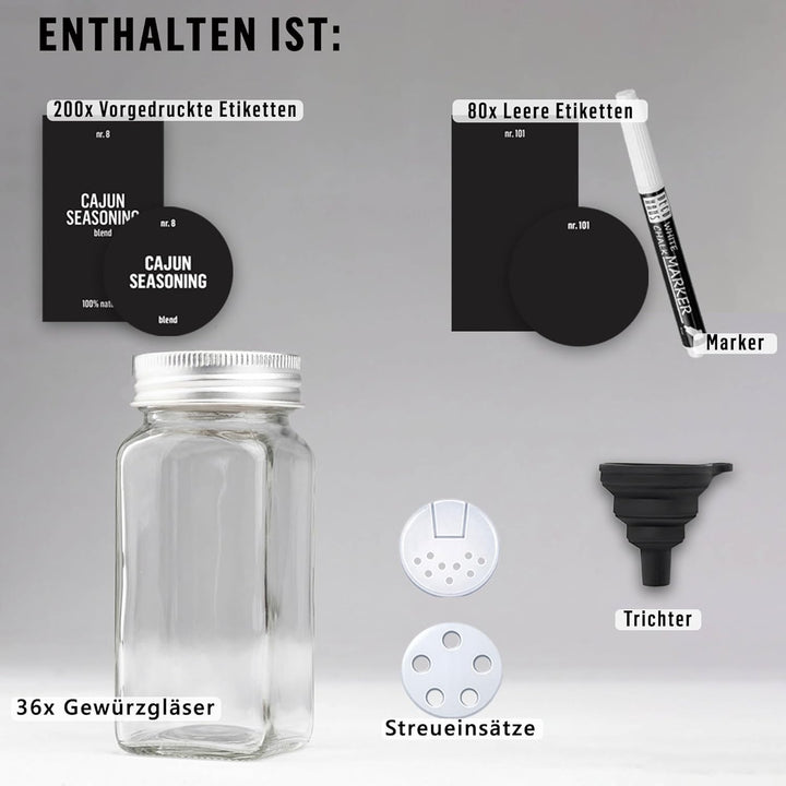 Deco haus® Gewürzgläser Eckig mit Gewürzetiketten Gewürzgläser mit Streueinsatz 36er Set - Gewürzdos