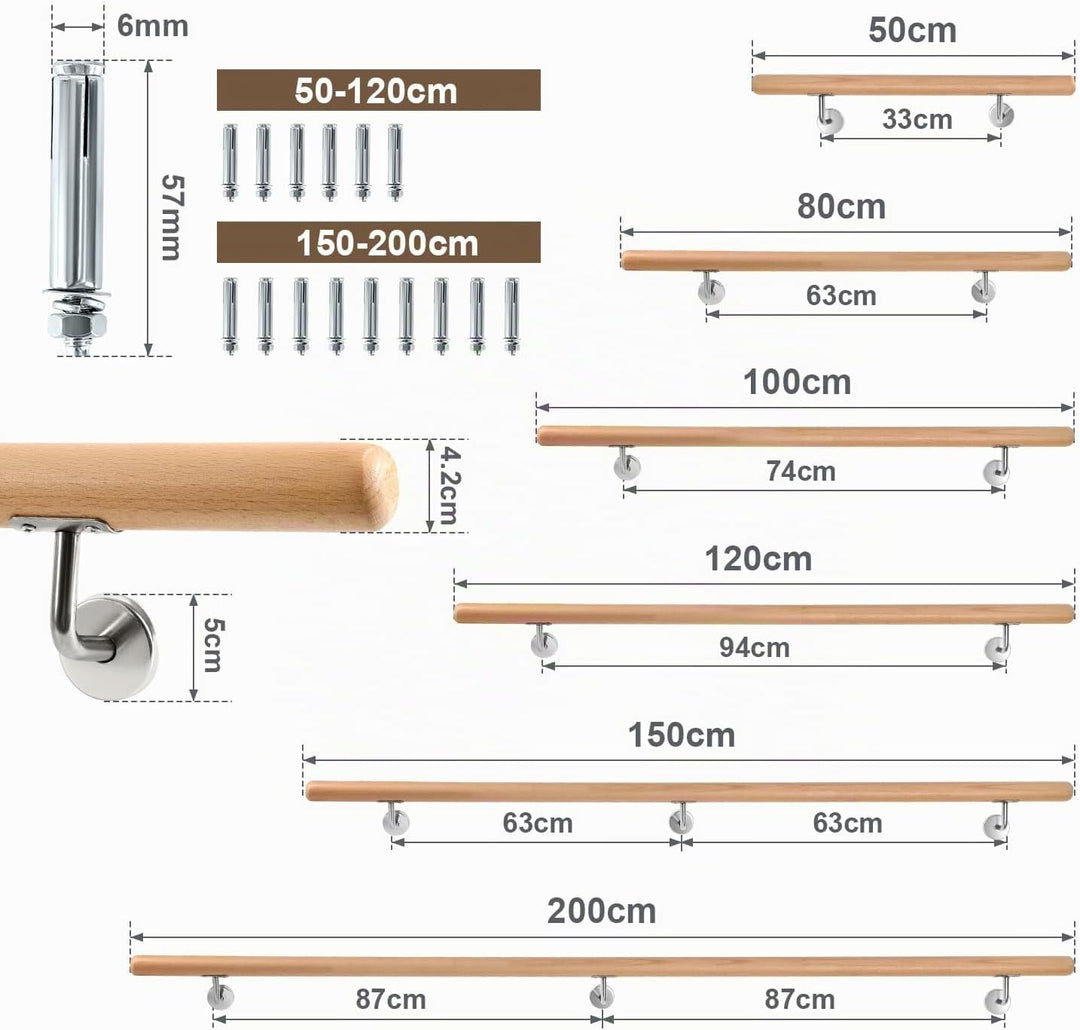 Ikodm Buche Holz Handlauf Treppengeländer 50cm Ø 42mm Geländer für Treppe Treppe Wandhandlauf Wand T