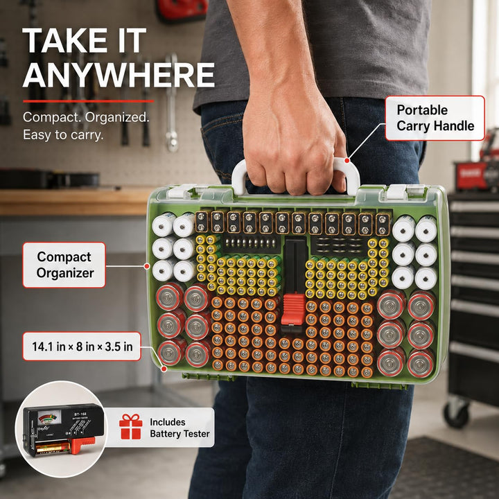 Batterie-Organizer, Aufbewahrungskoffer mit doppelseitiger Garagenbox mit Tester, Batteriebehälter f