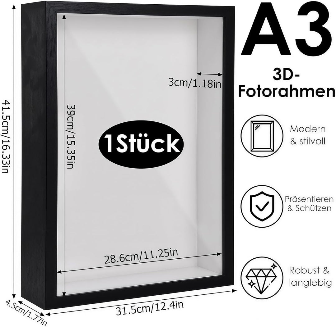 3D Bilderrahmen zum Befüllen, 41,5 x 31,5 x 4,5cm Schwarz Shadow Box, 3D Objektrahmen Tiefer 3cm für