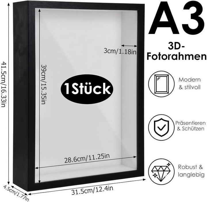 3D Bilderrahmen zum Befüllen, 41,5 x 31,5 x 4,5cm Schwarz Shadow Box, 3D Objektrahmen Tiefer 3cm für