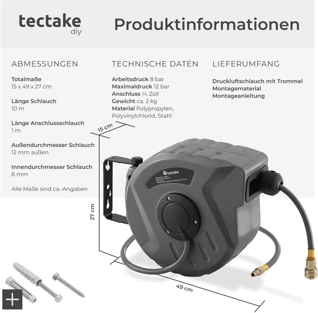 tectake 800801 Druckluftschlauch Aufroller mit ¼ Zoll Schnellkupplung, Aufroll-Automatik mit Schlauc