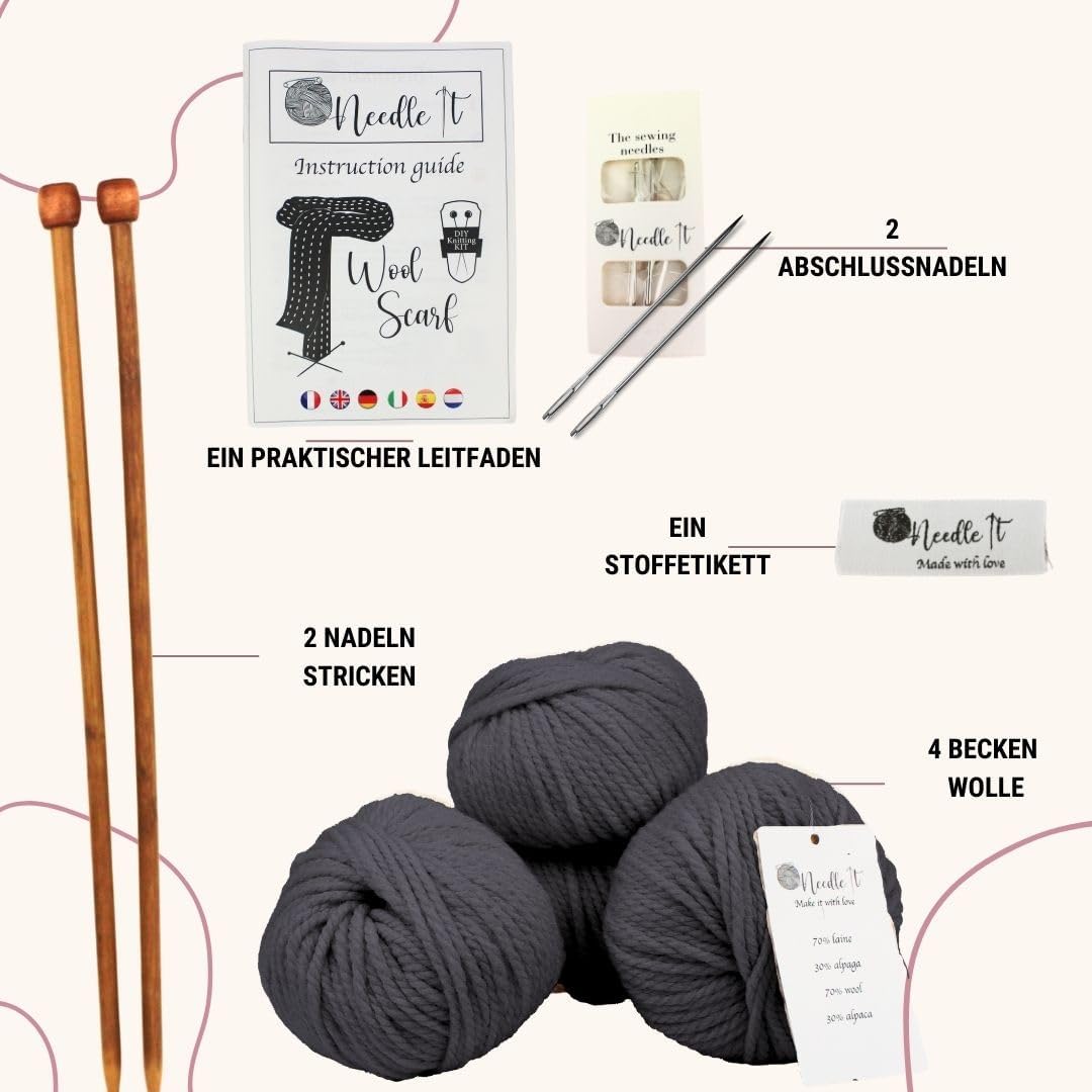 Needle It® - Komplettes Strickset für Anfänger mit Stricknadeln - Strickschal aus Wolle - Geschenkid
