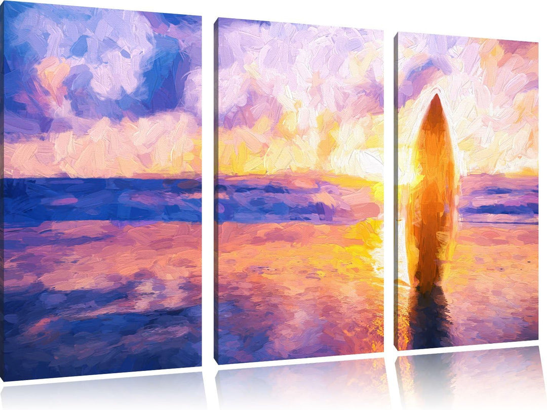 Pixxprint Surfbrett am Strand als Leinwandbild/Grösse: 3 Teilig (120x80 cm) cm/Wandbild/Kunstdruck/f