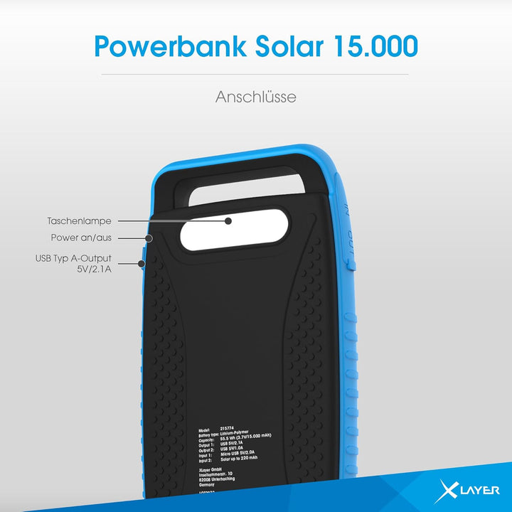 XLayer Solar Power Bank I 15000mAh I Schnellladen I Camping I Outdoor Ladegerät I Akkupack I Solarpa