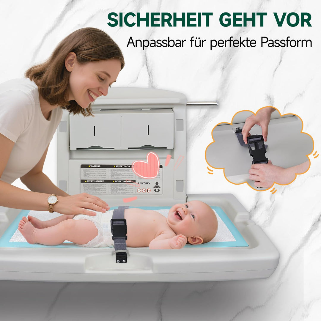 anydry Strapazierfähige Wickelstation zur Wandmontage, schwere Ausführung mit Sicherheitsgurten, zus