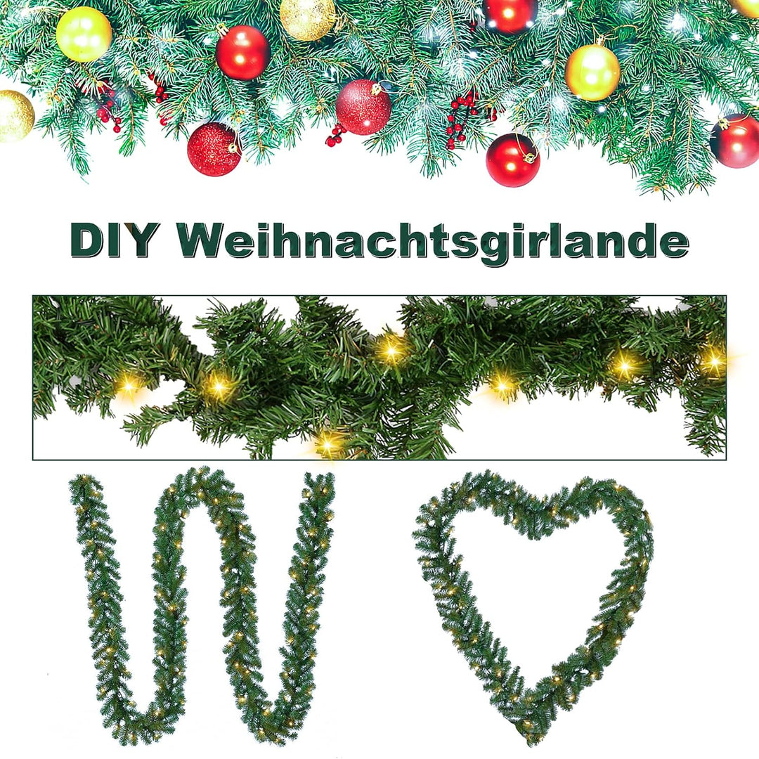 Jiubiaz 5m Tannengirlande Künstliche Weihnachtsgirlande Grün mit Beleuchtung 100 LEDs Warmweiss Lich