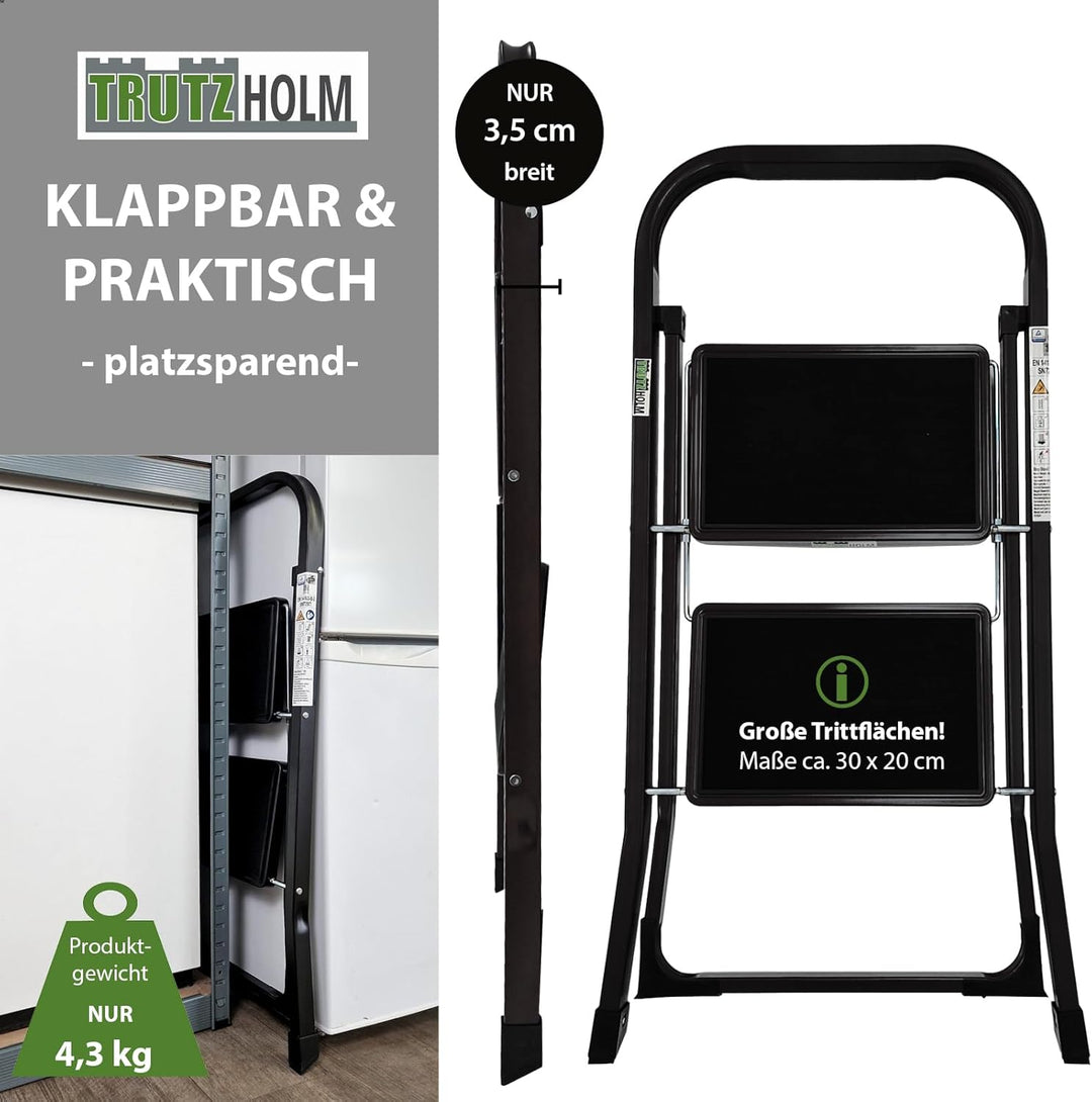 TRUTZHOLM Trittleiter 2 oder 3 Stufen klappbar TÜV/GS Zertifiziert 150 kg Klappleiter Anti-Rutsch Tr