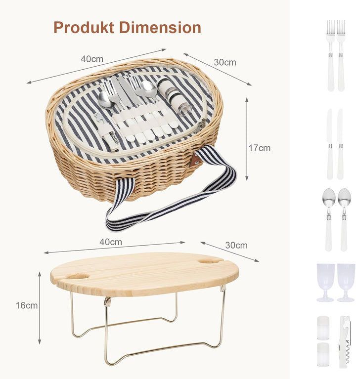 Picknickkorb für 4 - Weiden-Picknick-Set mit Weintisch | Weidenkorb-Set mit isolierter Kühltasche fü