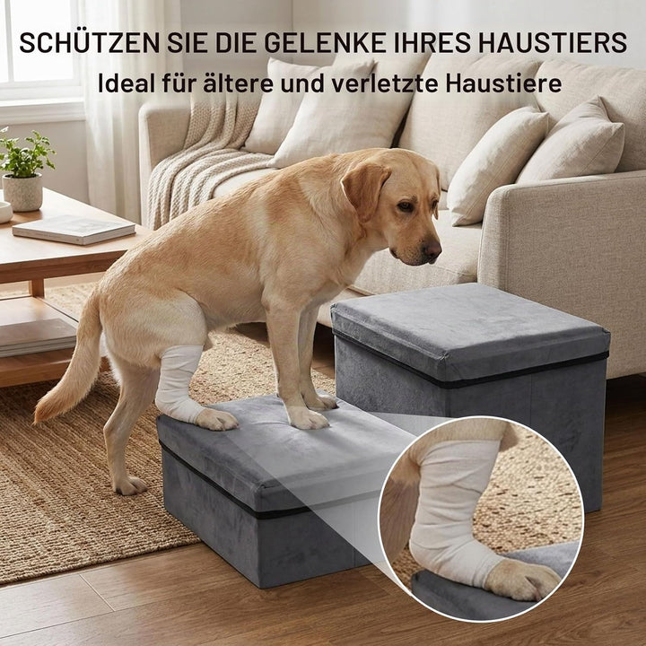 Hundetreppe mit Stauraum 2 Stufen Faltbar 60x40x30cm - Rutschfeste Haustiertreppe für Bett Und Sofa