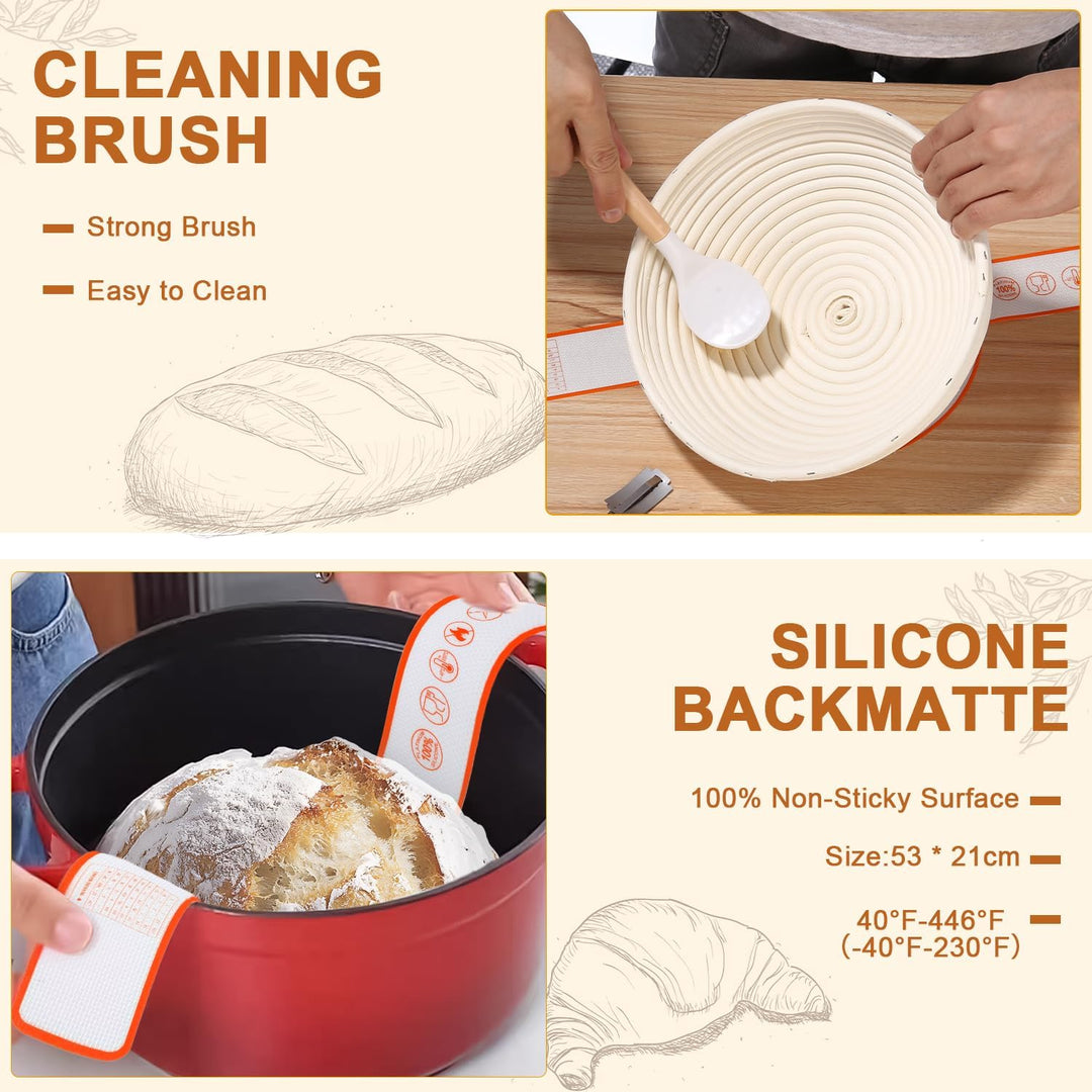25 teilig Gärkorb Brot Set, 23 cm Gärkörbchen rund und Komplettset Brotbackzubehör, Brotbackset Brot
