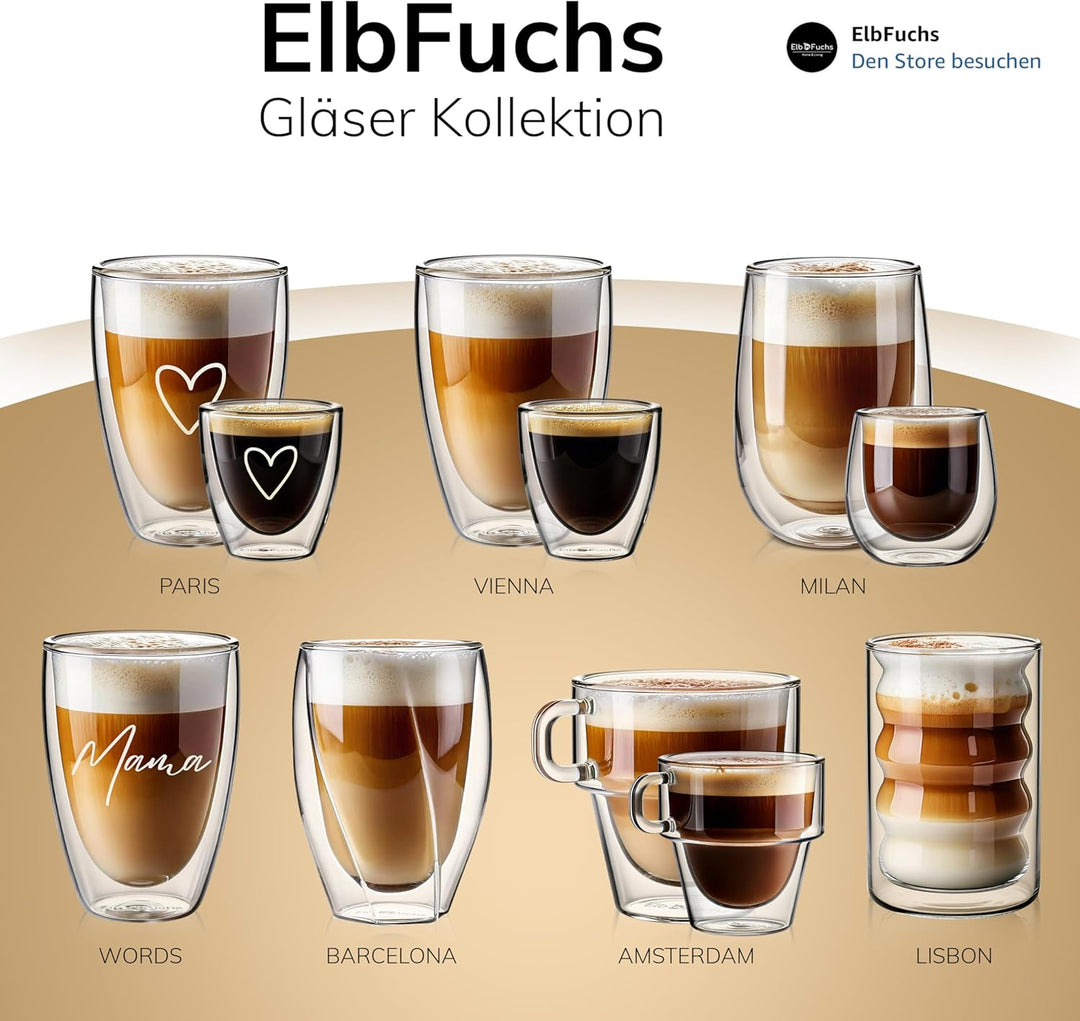 ElbFuchs® Doppelwandige Latte Macchiato Gläser Set [2x 350ml] Kristallklare Thermogläser doppelwandi