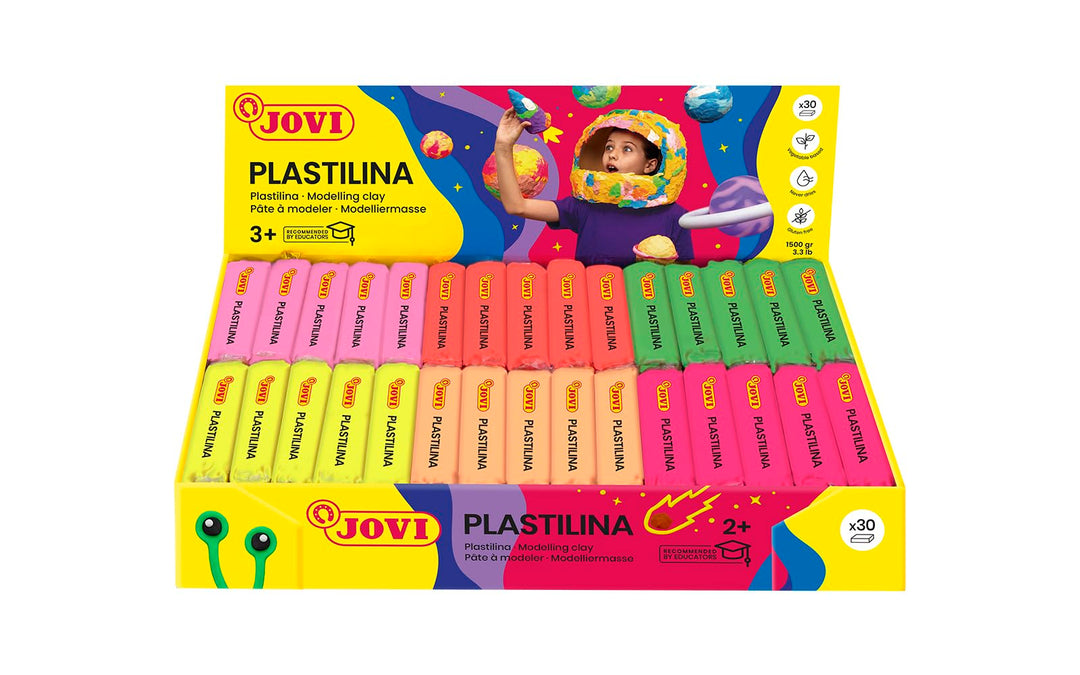 Jovi Plastilin, leicht formbare Modelliermasse für Kinder ab 2 Jahren, 30 Stangen je 50g, Neonfarben