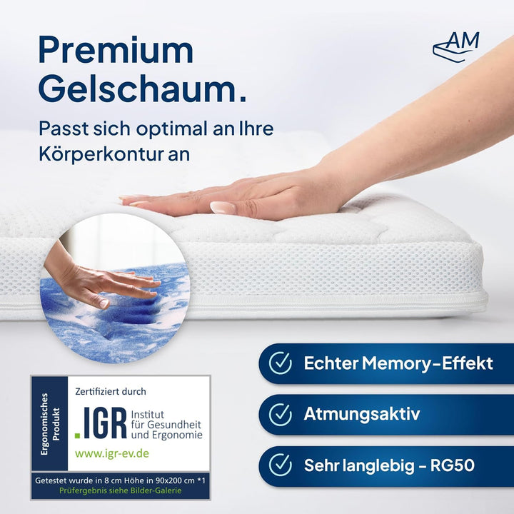 8 cm hoch - 7-Zonen Deluxe Gelschaum-Topper 200x200cm mit RG 50 - Hochwertiger Lyocell-Bezug - Antir
