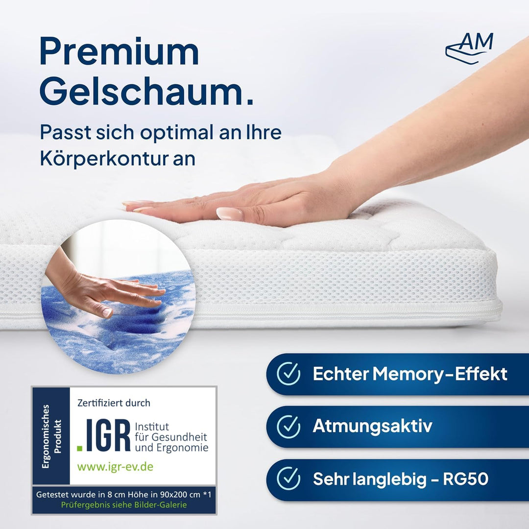 8 cm hoch - 7-Zonen Deluxe Gelschaum-Topper 80x190cm mit RG 50 - Hochwertiger Lyocell-Bezug - Antiru