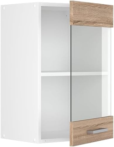 Vicco Küchenschrank Glas R-Line, Sonoma/Weiss, 40 cm Sonoma Hängeglasschrank 40cm, Sonoma Hängeglass