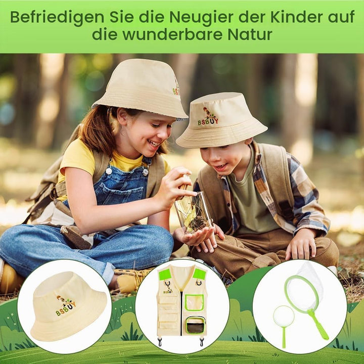 Forscherset für Kinder 4Pcs Exploration Spielzeug mit Frachtweste Hut Insektennetz und Lupe Outdoor