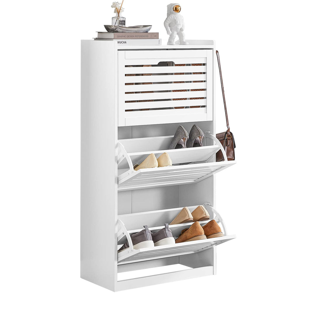 SoBuy Schuhschrank Hoch Weiss, Schuhkipper mit 3 Klappen und 6 Ablageflächen, Schuhkommode für Flur