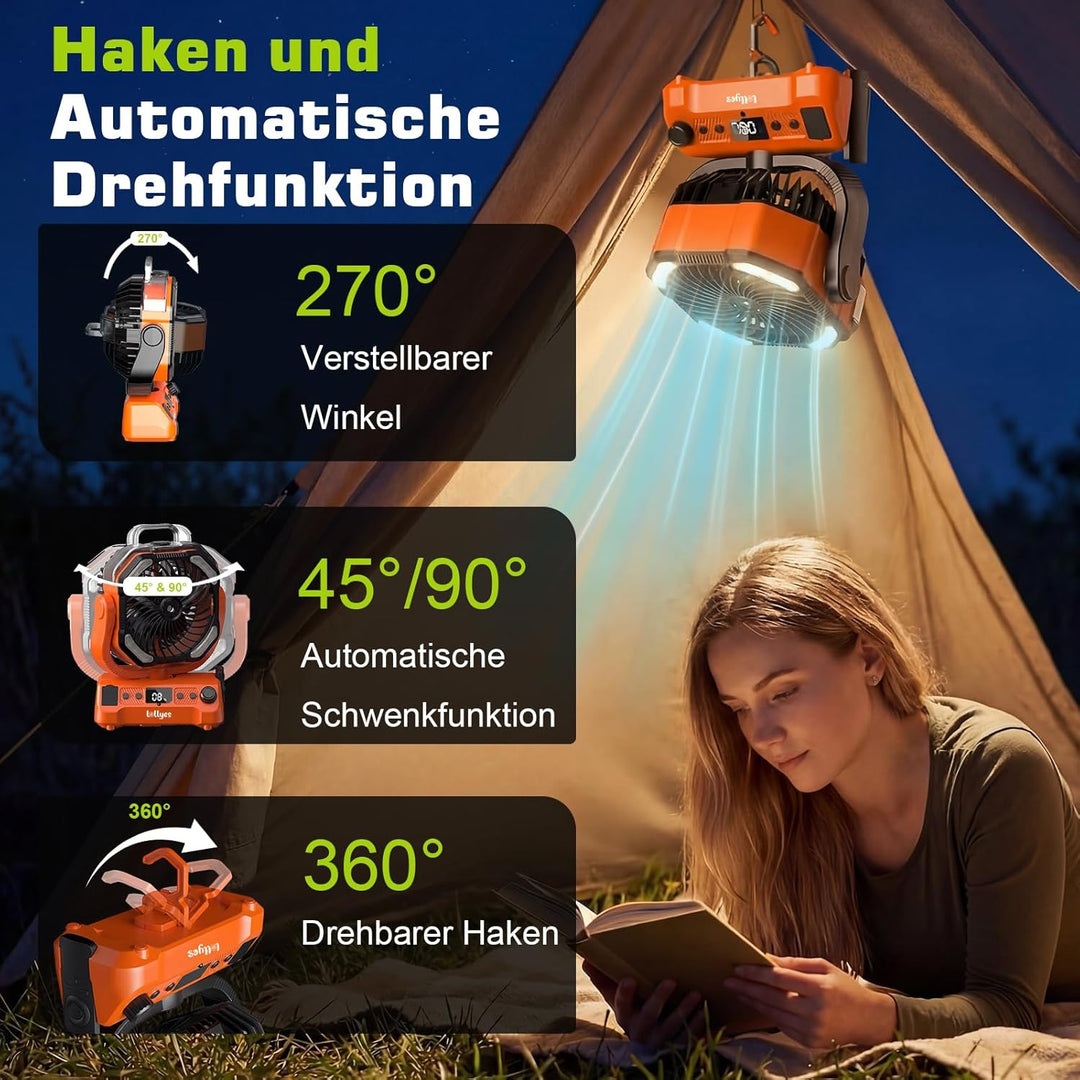 20000mAh Camping Ventilator Akku mit Licht, 0-100 Stufen Regelbar Outdoor Ventilator mit Sprühfunkti
