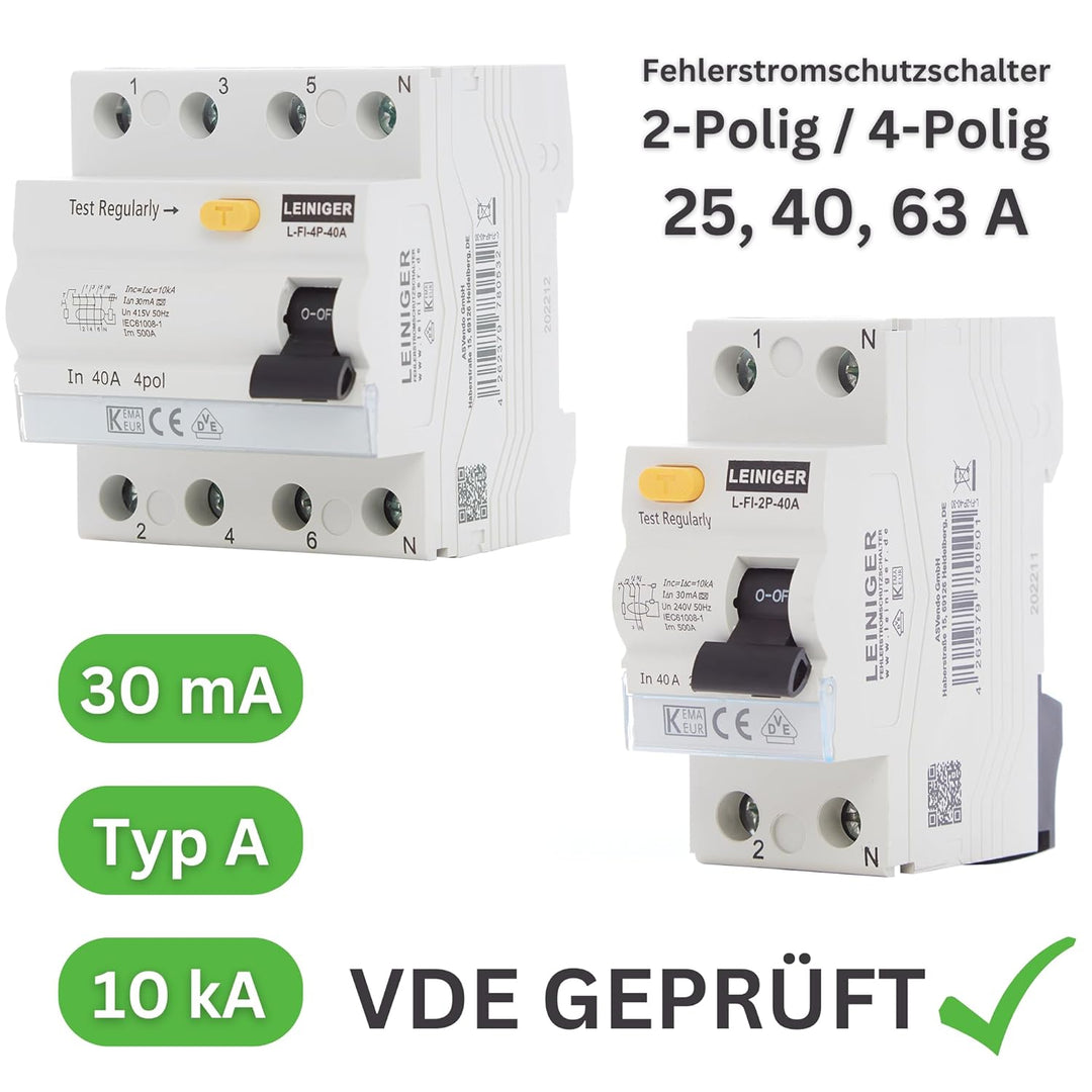 LEINIGER/Fehlerstromschutzschalter/Fehlerstrom-Schutzschalter/FI-Schalter/RCD / 2-Polig / 4-Polig /