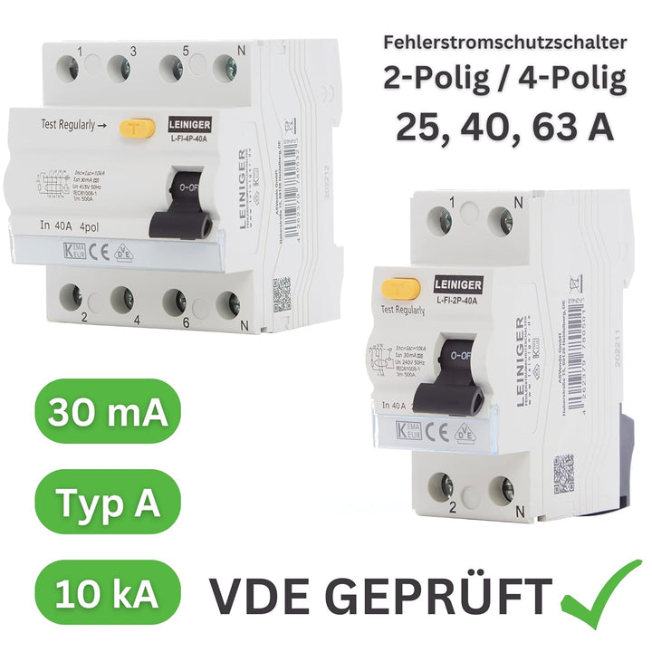 LEINIGER/Fehlerstromschutzschalter/Fehlerstrom-Schutzschalter/FI-Schalter/RCD / 2-Polig / 4-Polig /