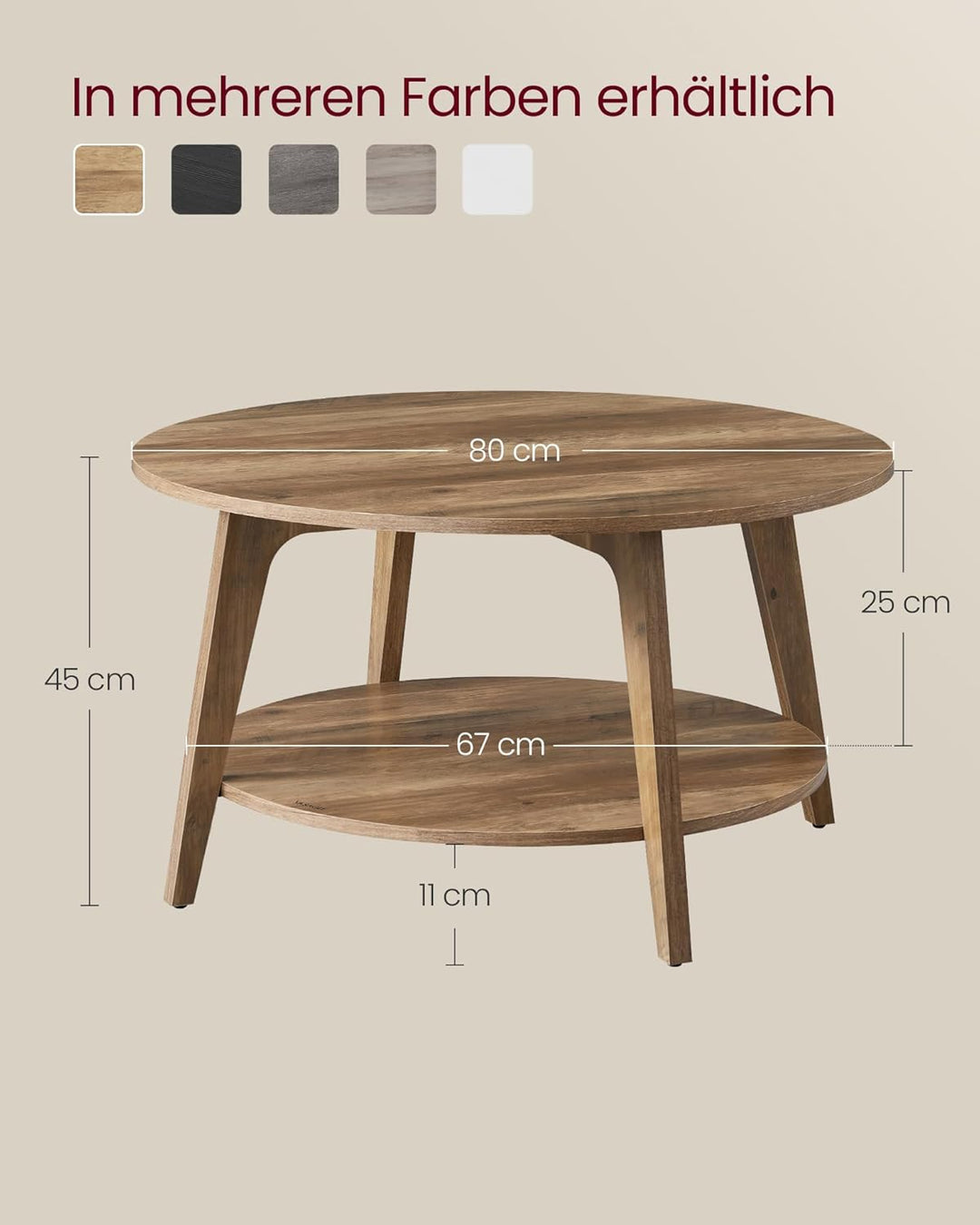 VASAGLE Couchtisch rund, Wohnzimmertisch 2 Ebenen, Kaffeetisch für Wohnzimmer, 80 cm d, 45 cm H, ein