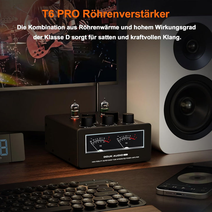 Douk Audio T6 PRO Bluetooth Röhrenverstärker: 300W x2 TPA3255 2-Kanal Stereo Verstärker – Dual-VU-Me
