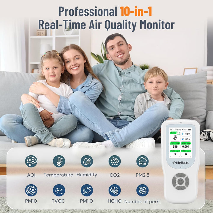 LifeBasis 10 in 1 RaumLuftqualitätsdetektor Formaldehyd-Detektor AQI-Verschmutzungsmonitor mit Tempe