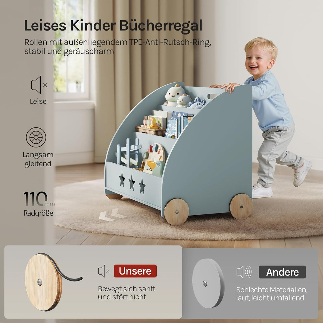 WOLTU Kinderregal Bücherregal für Kinder, Spielzeugregal mit Räder 3 Regale, Holz Standregal Kinderz