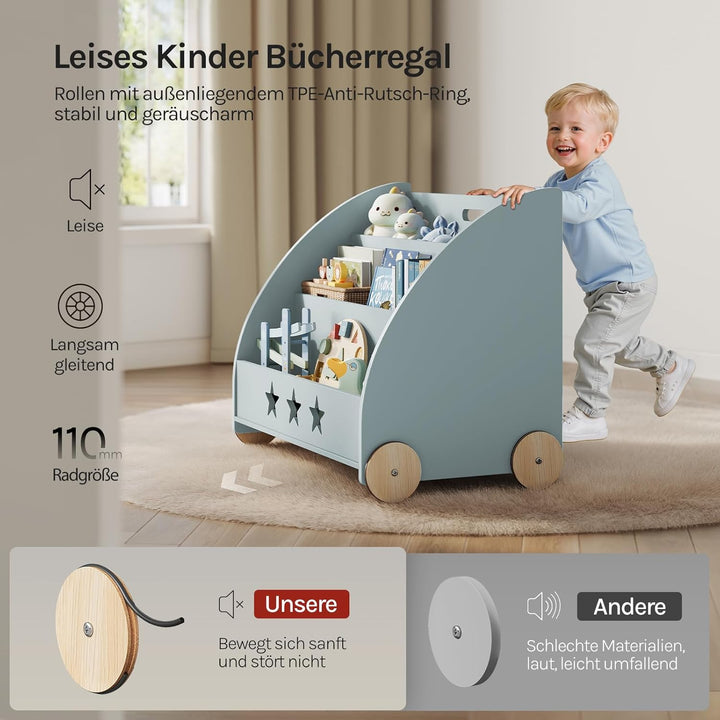 WOLTU Kinderregal Bücherregal für Kinder, Spielzeugregal mit Räder 3 Regale, Holz Standregal Kinderz