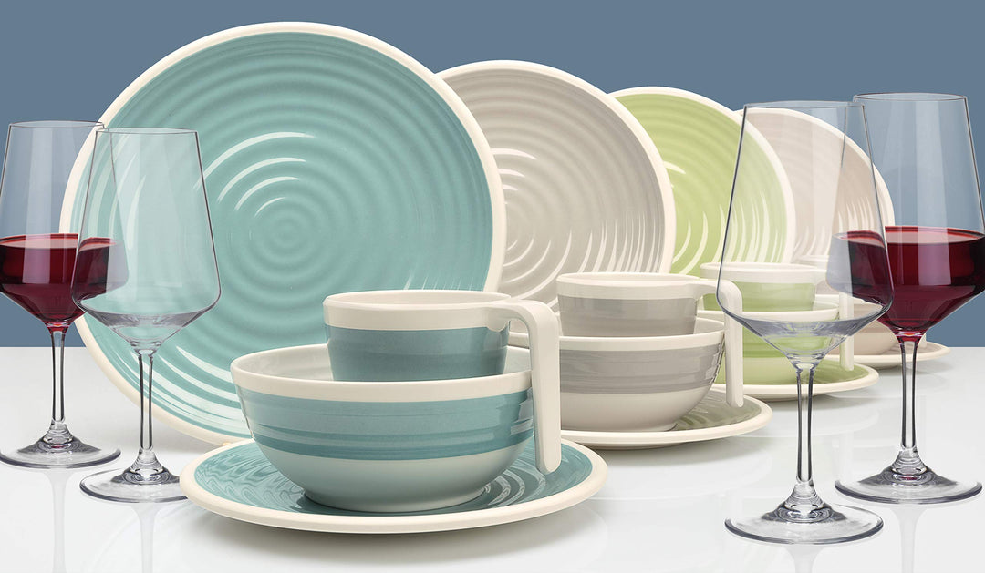 Melamin Camping Geschirr Set 1-4 Personen Harmonie 16-32 Teilig + Gläser Wassergläser Weingläser Cha