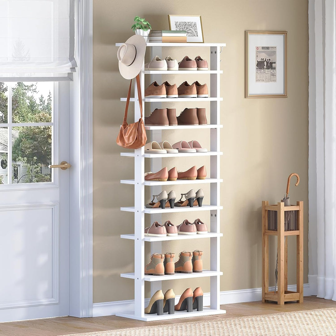 HOOBRO 10-lagiges Schuhregal, schmales Schuhablage, 50 cm Schuhschrank mit 2 Haken, Ablagegestelle,