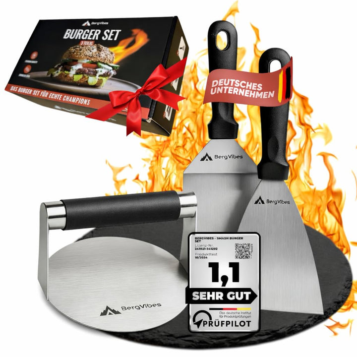 Smash Burger Set 6 TLG. aus Edelstahl für Plancha, 2 Burgerglocken, Burgerpresse, Smasher, Pattywend