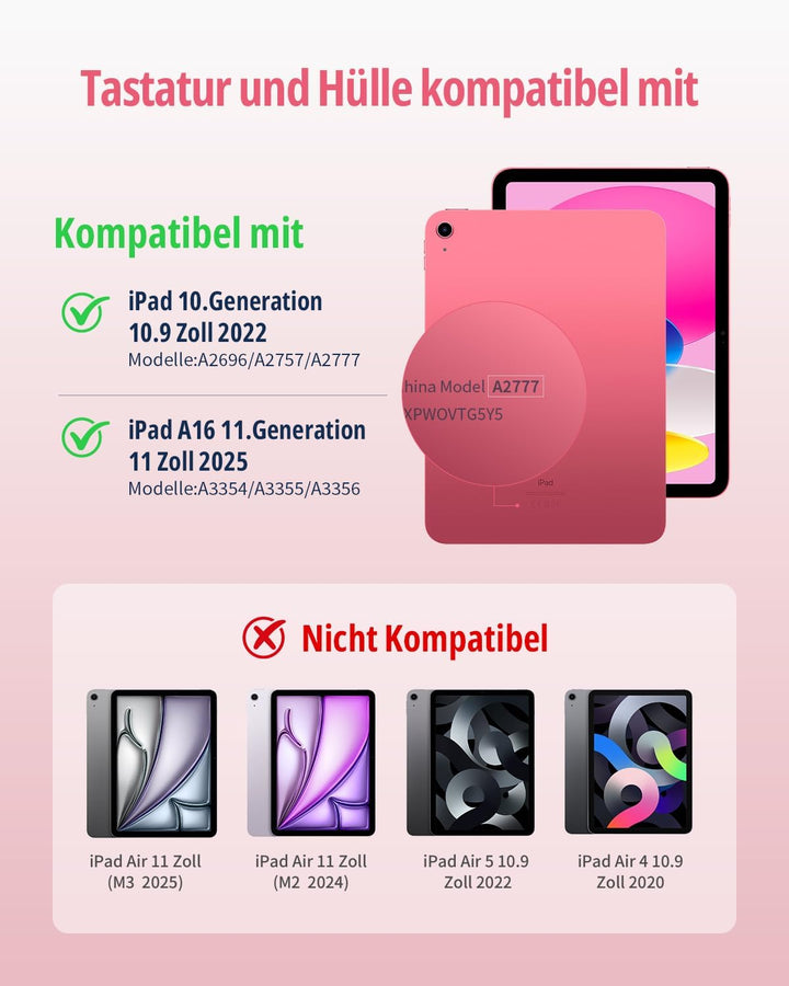 CACOE Drehbare Hülle mit Tastatur für iPad (A16) 11/10 Generation (11/10.9 Zoll) 2025/2022 mit Touch