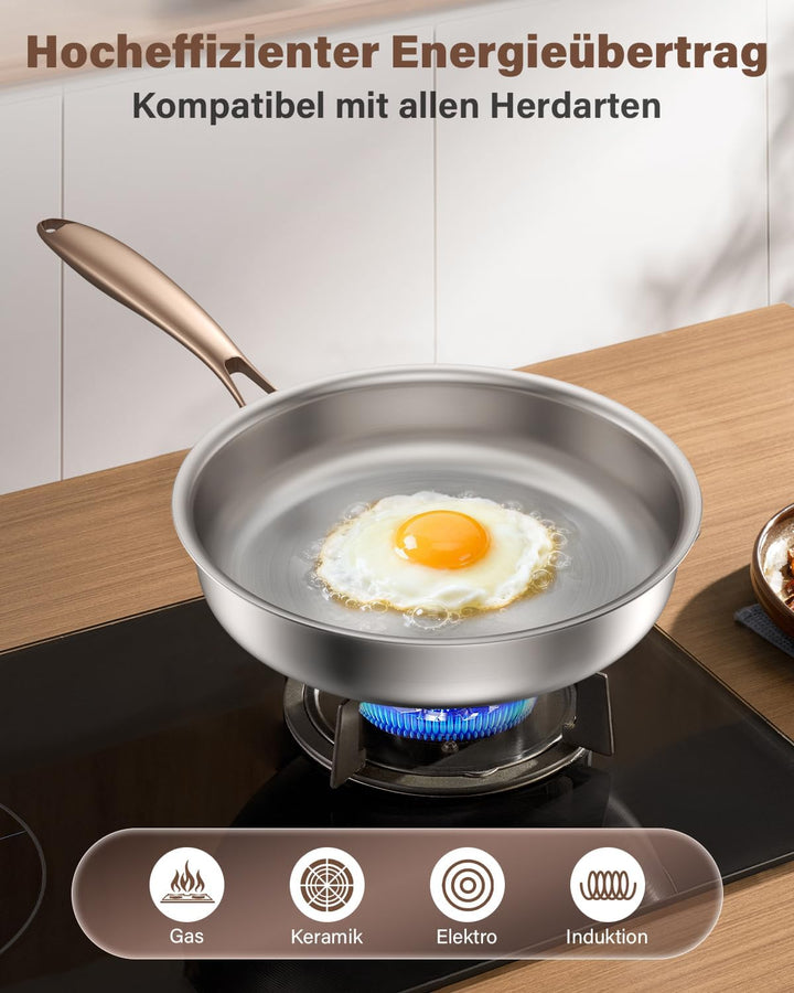 Edelstahlpfanne 28cm unbeschichtet, Titan Pfanne Induktion, 18/10 Edelstahl Bratpfanne mit Roségoldg