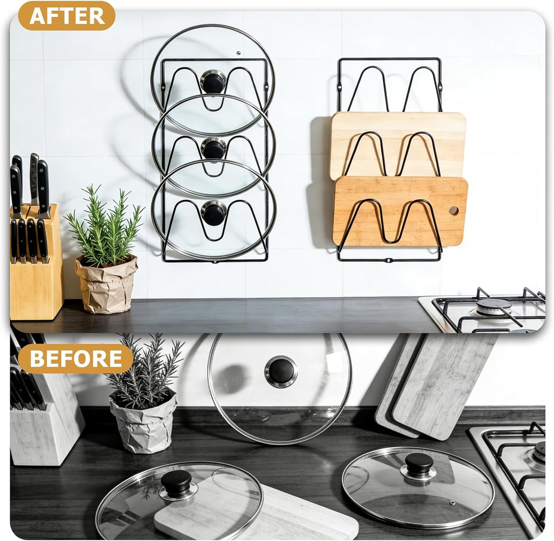 2 Stück Topfdeckel Organizer, 6 Stöckig Topfdeckelhalter Wand mit 6 Selbstklebende Aufkleber,6 Schra