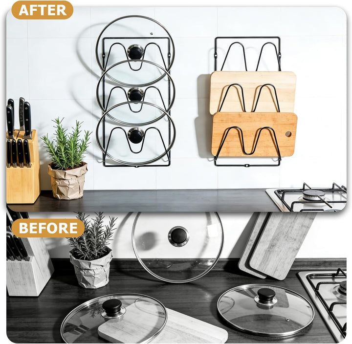 2 Stück Topfdeckel Organizer, 6 Stöckig Topfdeckelhalter Wand mit 6 Selbstklebende Aufkleber,6 Schra