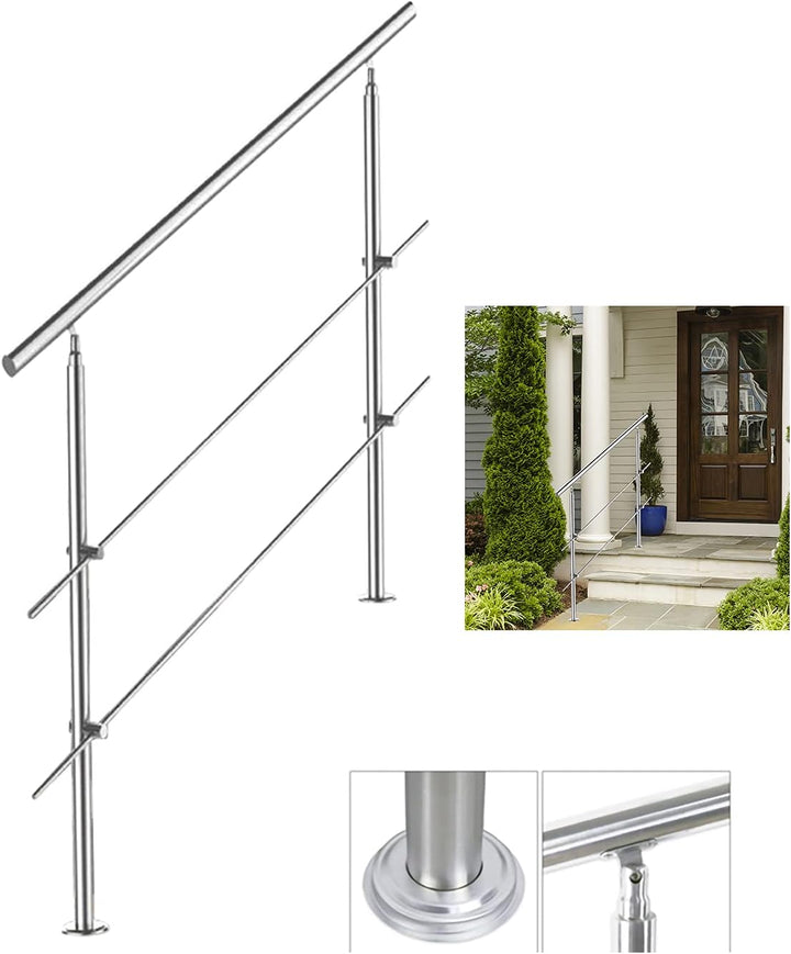 Jiubiaz Edelstahl Handlauf Universal Geländer 100cm, 2 Querstangen Verwendung für drinnen und drauss