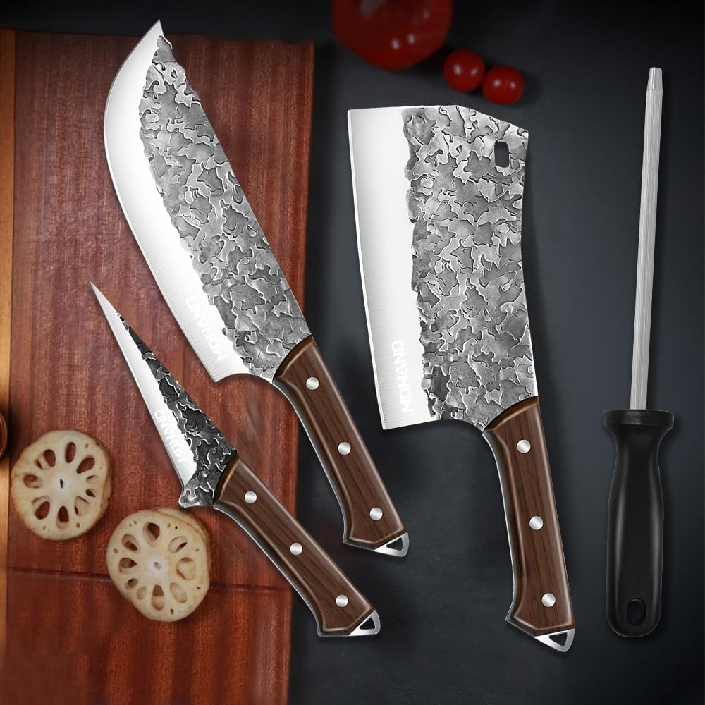 MDHAND Metzgermesser Set 3-teilig Handgeschmiedetes Serbisches Küchenmesser Set mit Ausbeinmesser Ha