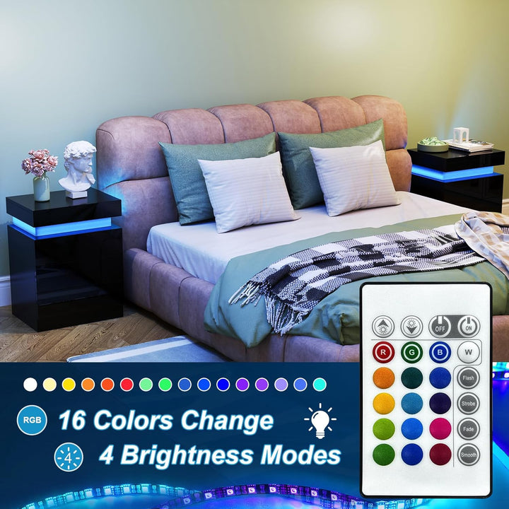 Lvhcmfohm Nachttisch Schwarz 2er Set, Nachtschrank mit Led Licht, Nachtkommode mit 3 Schubladen und