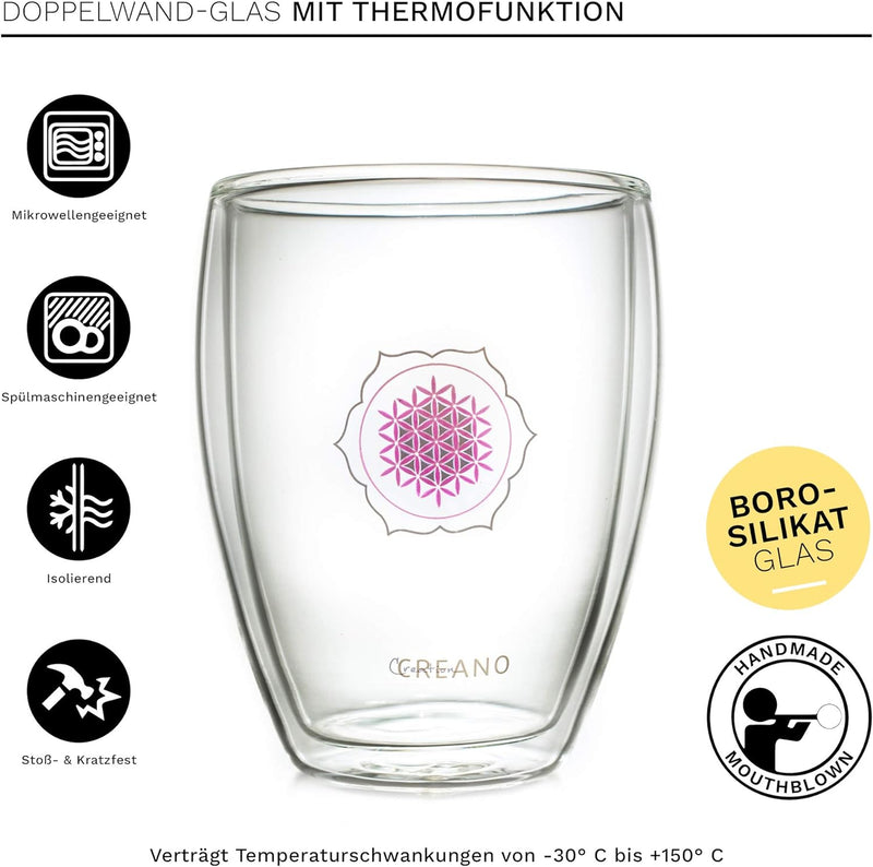 Creano doppelwandiges Tee-Glas, Latte Macchiato, Thermobecher Blume des Lebens | 250ml, in exklusive