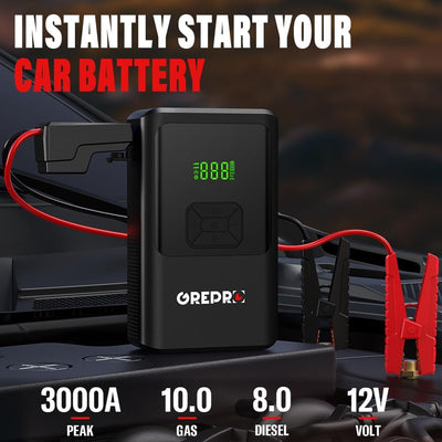 GREPRO 5-in-1 Starthilfe Powerbank mit Kompressor, (bis zu 10.0L Benzin,8.0L Diesel) 150PSI Auto Sta