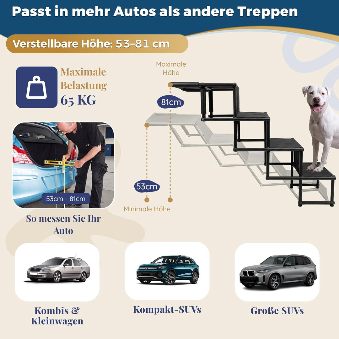 Hundetreppe Auto Klappbar – Leicht & Verstellbar 53–81 cm für SUV & Kombi – Hunderampe Alternative f