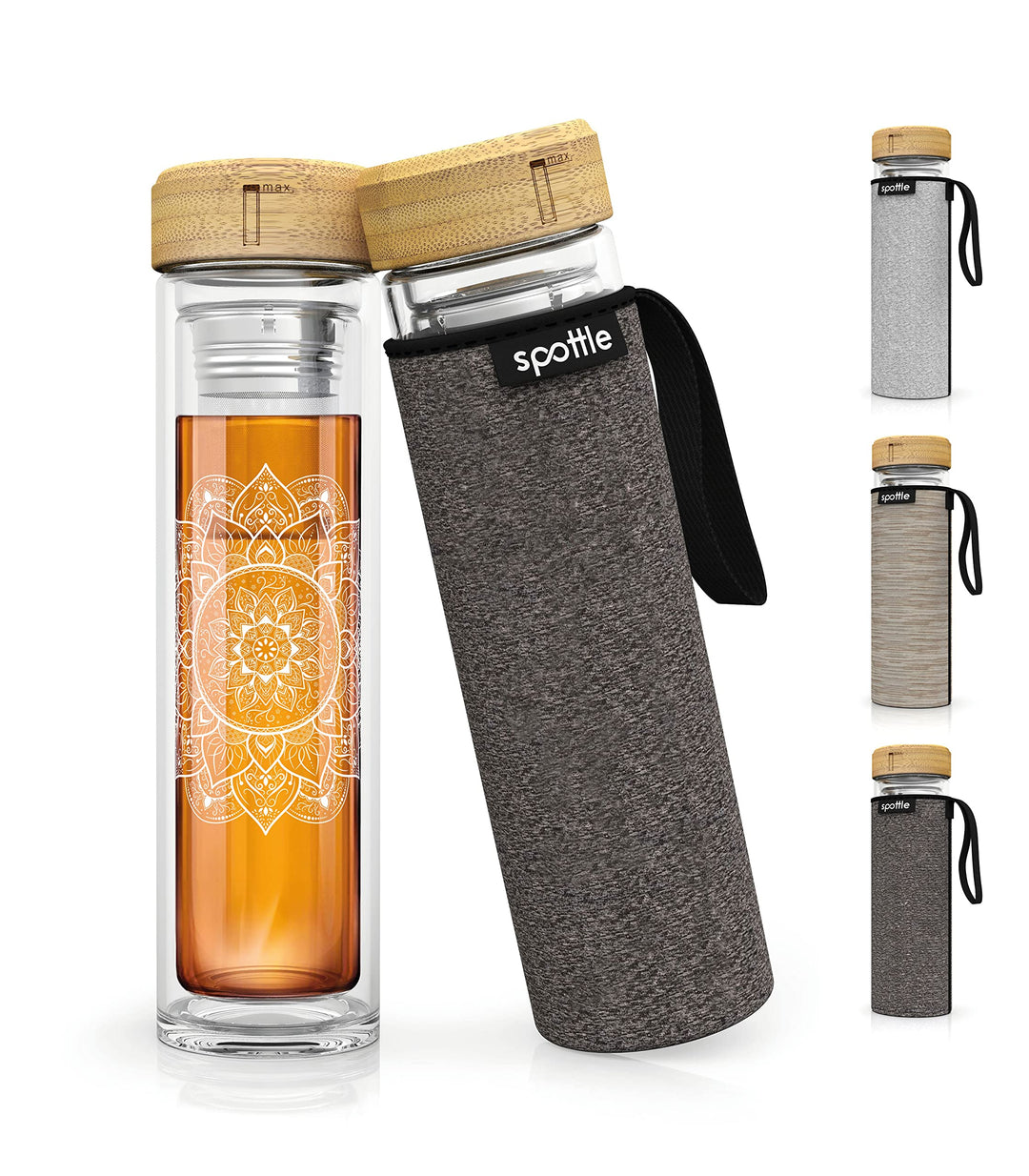 spottle Teeflasche mit sieb to go - Trinkflasche für Tee aus Glas in 500ml, 650ml, 1 Liter - Teekann