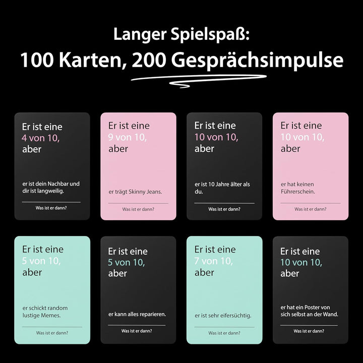 Er ist eine 10/10, aber Spiel – Kartenspiel mit 100 Karten zum Lachen & Diskutieren für unvergesslic