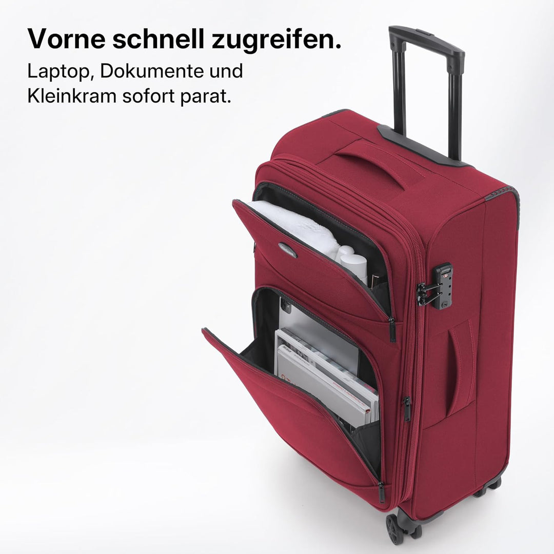 Stoffkoffer erweiterbar mit Frontfächern,15% Extra-Volumen, TSA-Schloss, 360° Doppelrollen & verdeck